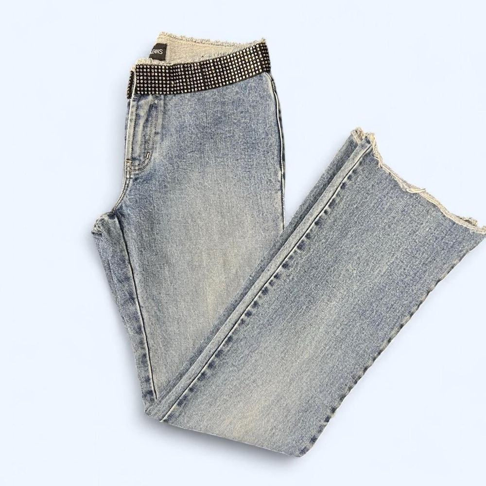 Y2k Ultra Low Rise Flare Jeans Sequin Belt Sz 1 / 2 Glam 2000s Vintage Denim
